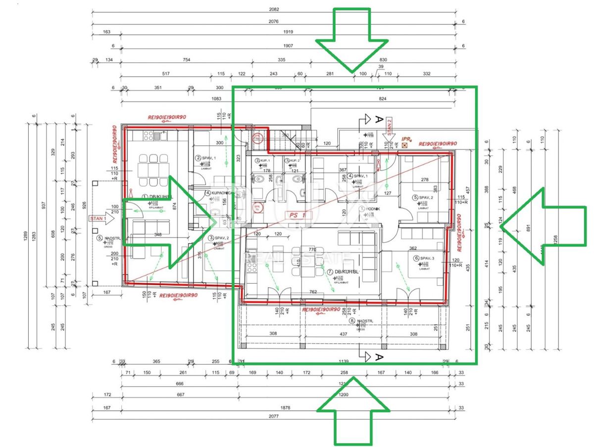 SRDOČI, ZAMET GORNJI, MARINIĆI - appartamento 87m2 piano terra soggiorno + 3 camere da letto con vista mare + terrazza coperta 30m2