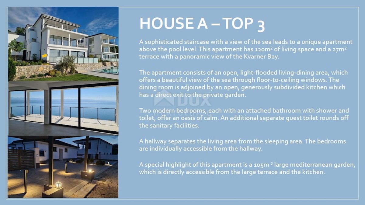 LOVRAN - LIGANJ - appartamento in villa con piscina 97m2 + terrazzo 26m2 con vista panoramica sul mare + ambiente 41m2