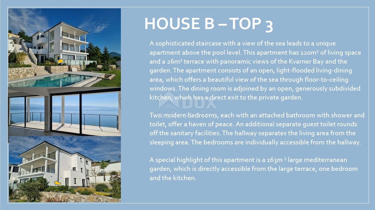 LOVRAN - LIGANJ - appartamento in villa con piscina 97m2 + terrazzo 26m2 con vista panoramica sul mare + ambiente 41m2