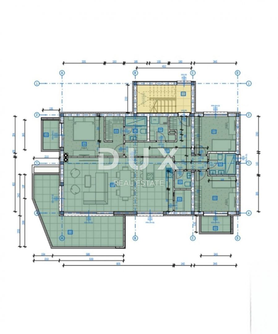 MATULJI, KASTAV, RUBEŠI - terreno edificabile di 900 m2 con edificio in costruzione di 600 m2 con 3 appartamenti spaziosi con vista panoramica sul mare e garage sotterraneo