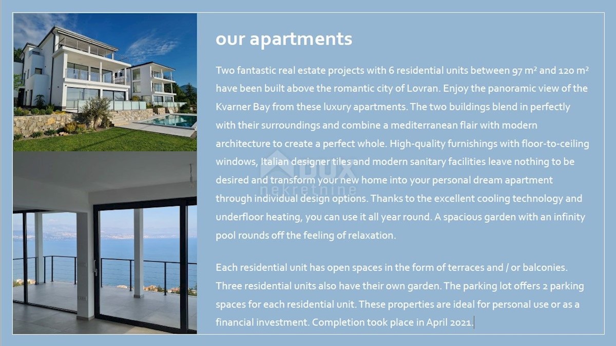 LOVRAN - LIGANJ - Appartamento in villa con piscina 120m2 + terrazza 27m2 con vista panoramica sul mare + ambiente 105m2