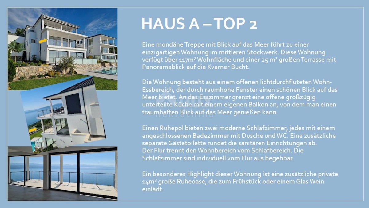 LOVRAN - LIGANJ - Appartamento in villa con piscina 120m2 + terrazza 27m2 con vista panoramica sul mare + ambiente 105m2