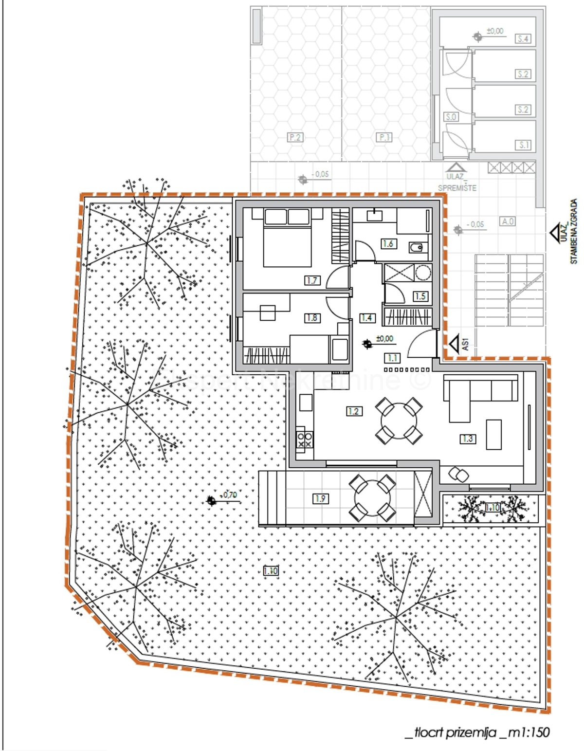 K. Kambelovac, bilocale 79 m2 con giardino, nuova costruzione, 400 m dal mare