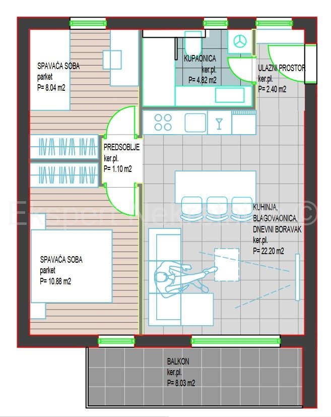 Trogir, Center, 2-bedroom apartment 58 m2, new building, 1st floor, parking