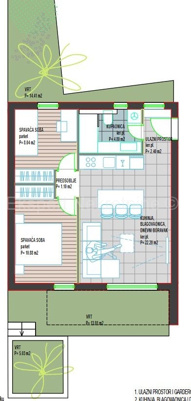 Trogir, Center, 2-bedroom apartment 50 m2 + garden 33 m2, new building, parking