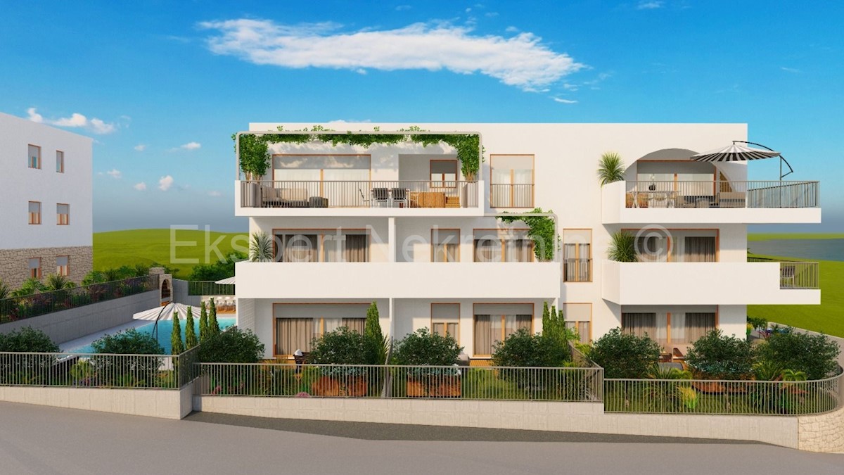 Čiovo, Slatine bilocale 56m2, primo piano, vista mare, nuova costruzione