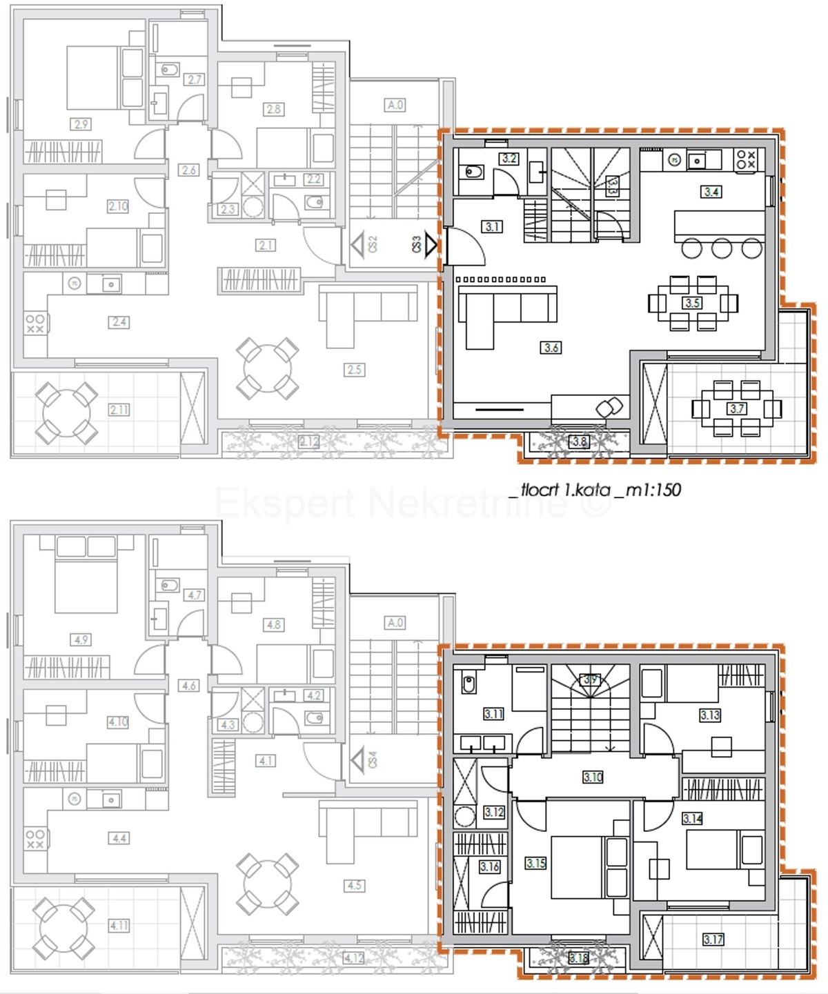 K. Kambelovac, appartamento trilocale su due piani, 102m2 m2, nuova costruzione, 400 m dal mare