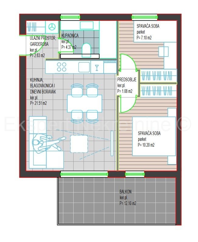 Trogir, Center, 2-bedroom apartment 60 m2, new building, 1st floor, parking