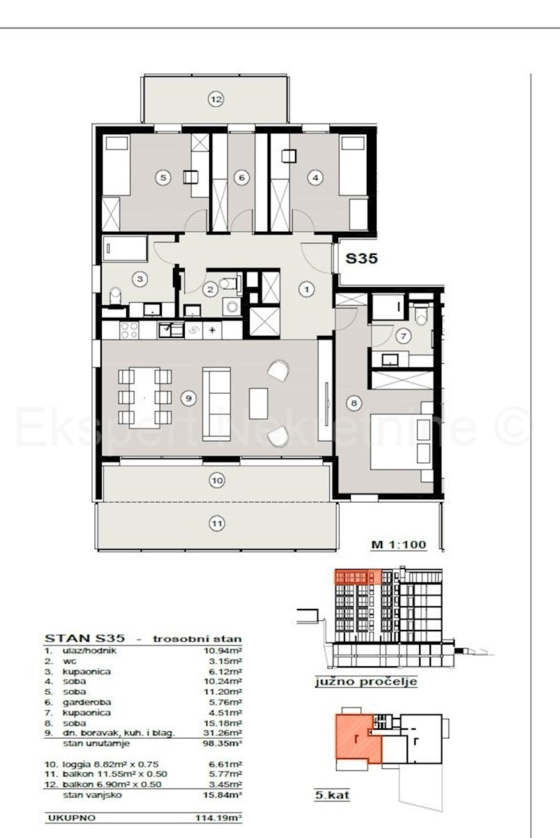 Spalato, Žnjan, attico 114m2 al quinto piano di una nuova costruzione, vista mare