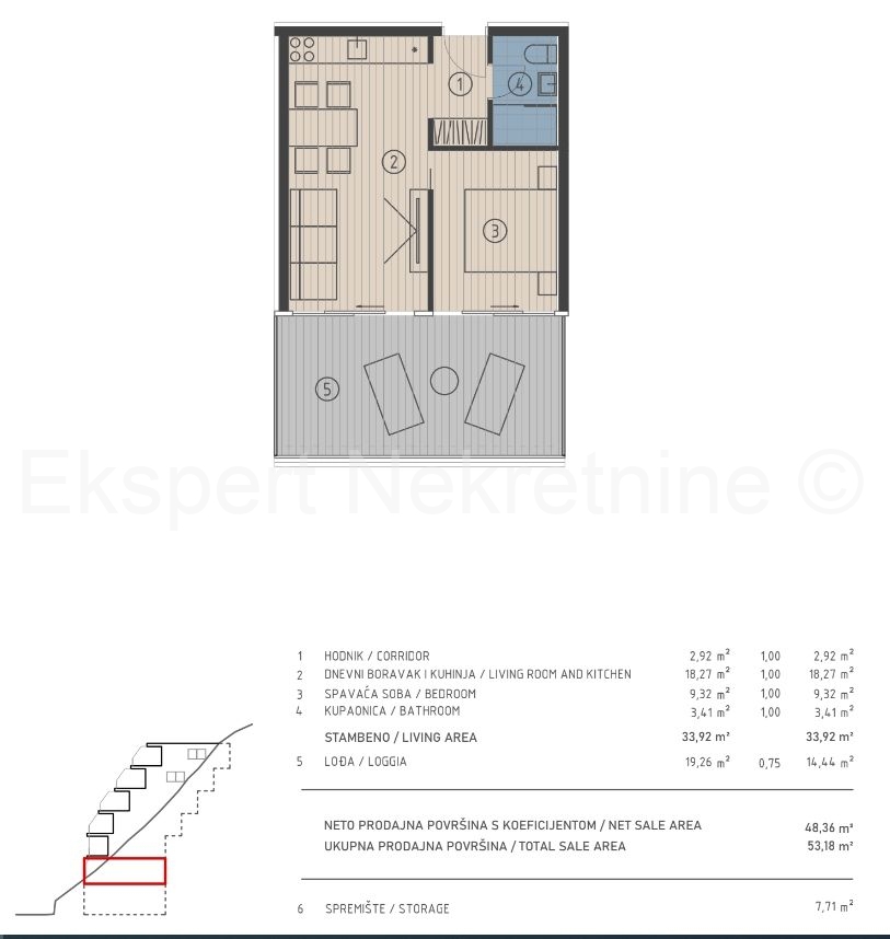 Jesenice, bilocale 48,36 m2, prima fila al mare con vista aperta