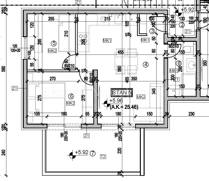 Trogir, smaller 2-bedroom apartment 56 m2, 2nd floor, new building, sea view