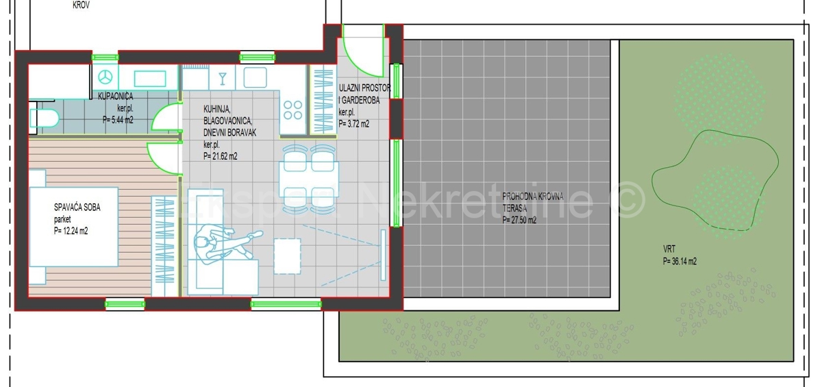 Trogir, Center, penthouse 59 m2, new building, large terrace and garden