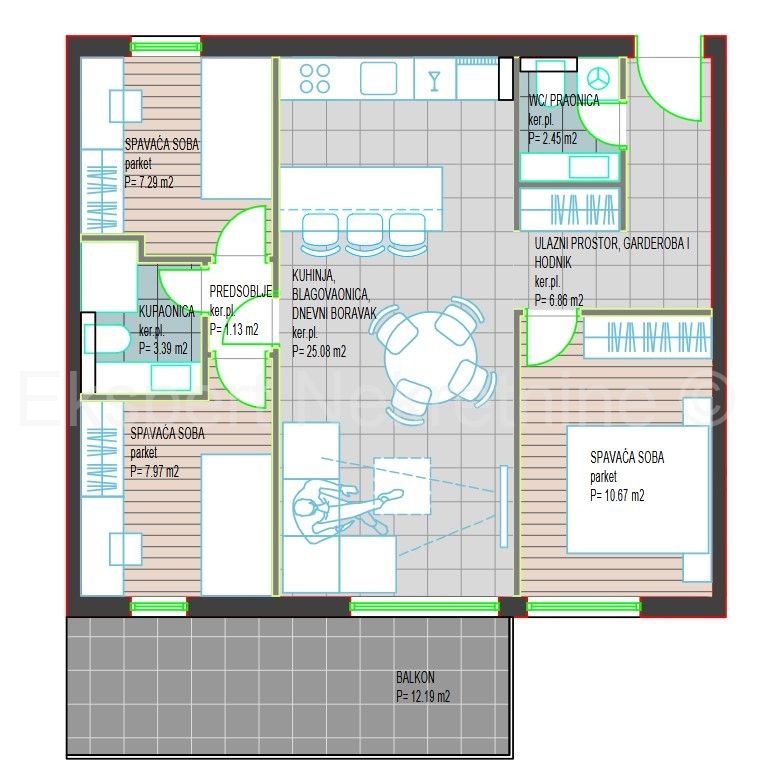 Trogir, Center, 3-bedroom apartment 76 m2, new building, 2nd floor, parking