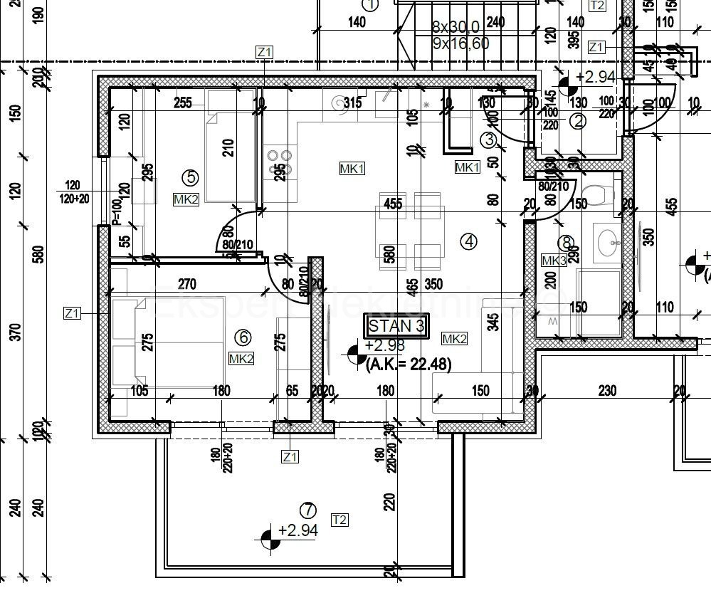 Trogir, smaller 2-bedroom apartment 56 m2, 1st floor, new building, parking