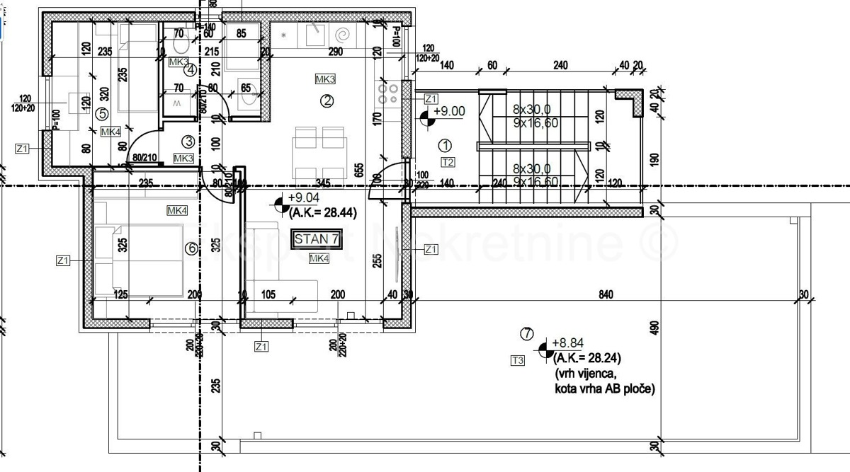 Trogir, penthouse 46 m2 + 57 m2 terrace, 3rd floor, new building, sea view