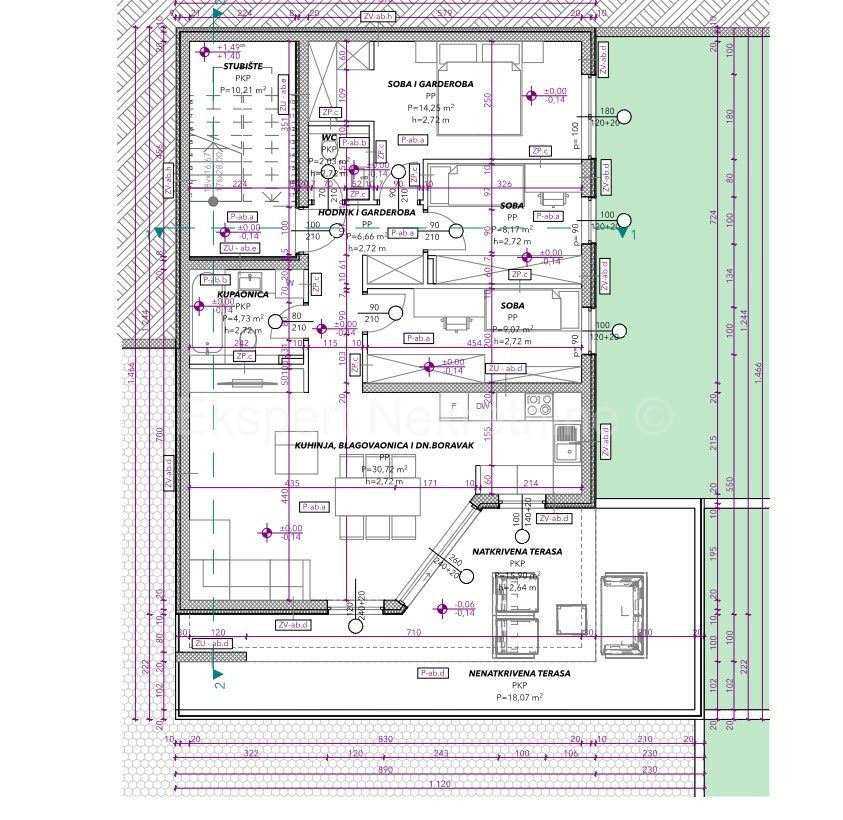 Trogir, Saldun, 3-room apartment 110 m2 + garden 50 m2, large terrace (34 m2), new construction