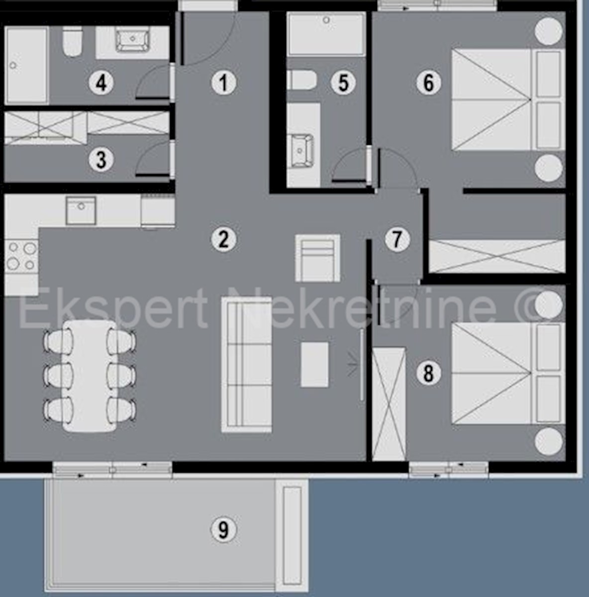 Čiovo, Okrug. G., appartamento trilocale 83m2 al piano terra, vista mare, nuova costruzione