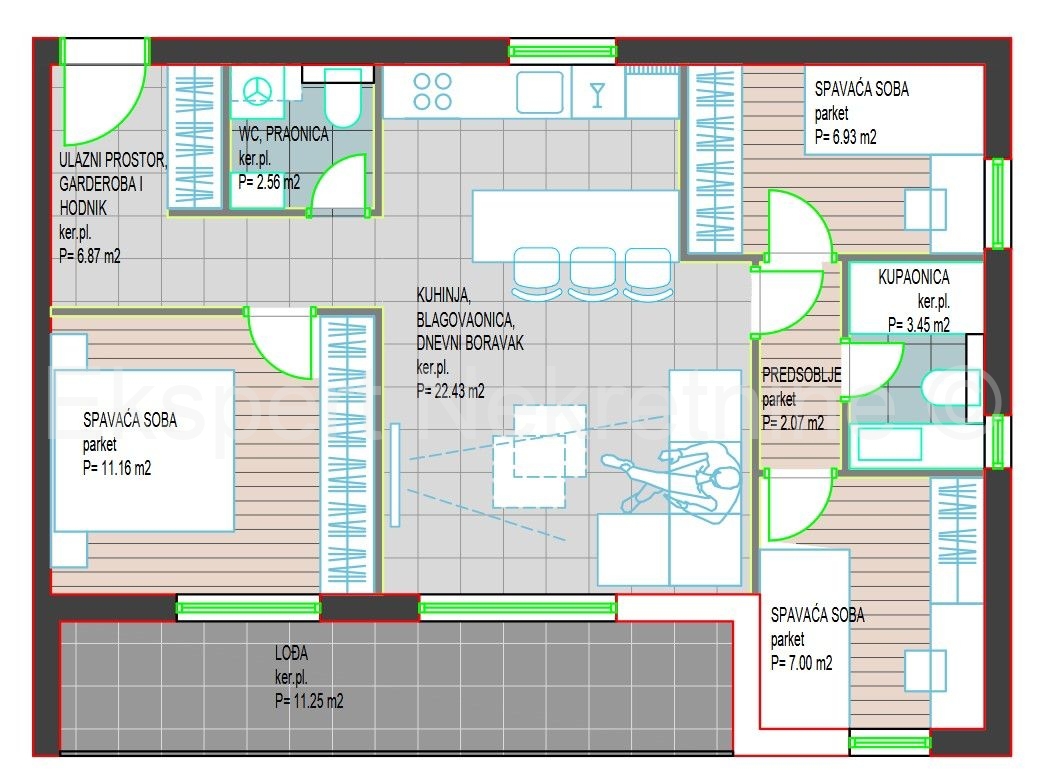 Trogir, Center, 3-bedroom apartment 74 m2, new building, 2nd floor, parking