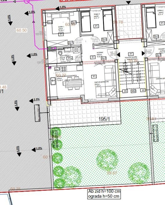 Trogir, Plano, 2-bedroom apartment 70 m2 + garden 68 m2, new building