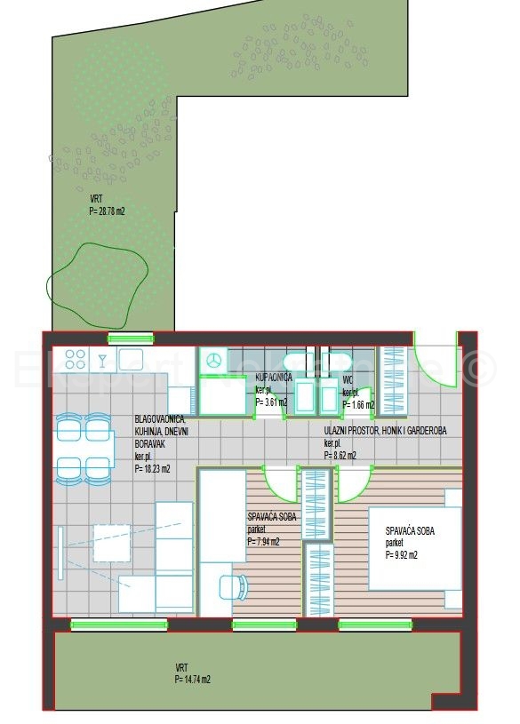 Trogir, Center, 2-bedroom apartment 50 m2 + garden 43 m2, new building, parking