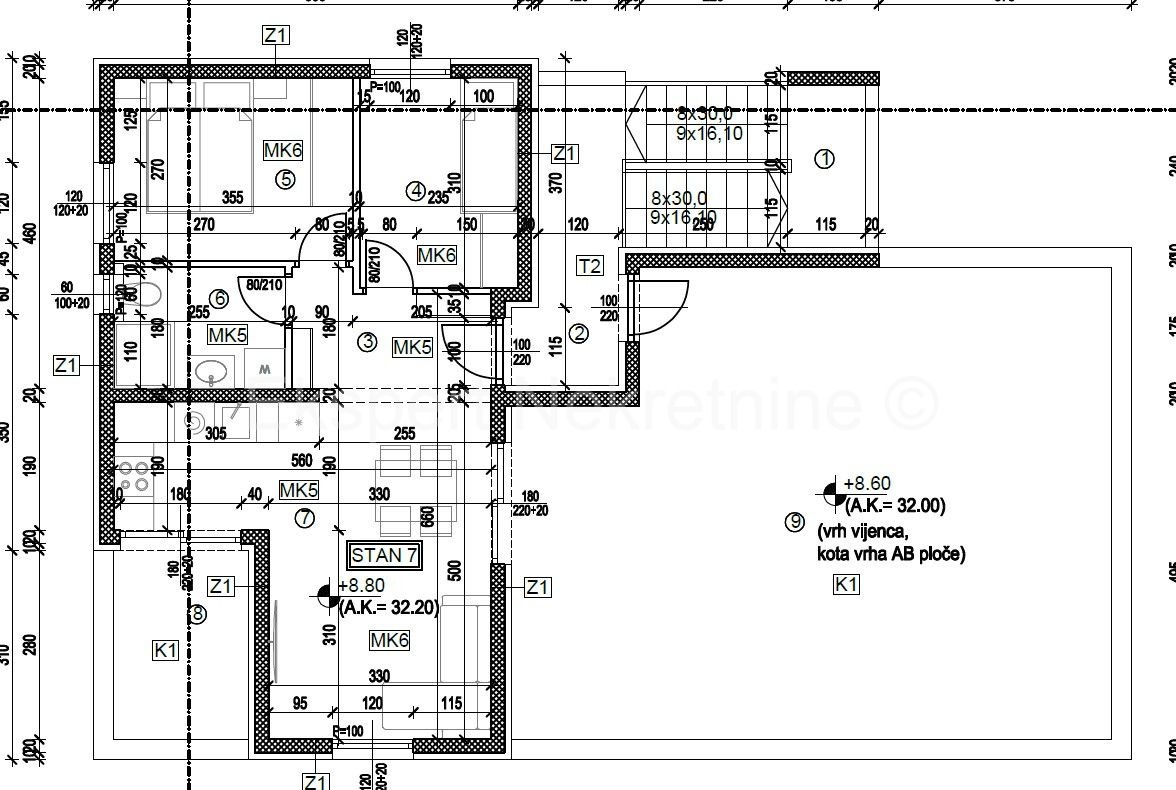 Trogir, penthouse 45 m2 + 64 m2 terrace, new building, 3rd floor, sea view