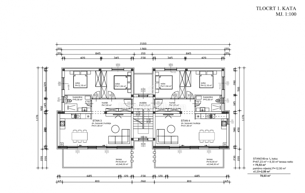 Appartamenti con 2 camere e vista mare, 200 m dal mare