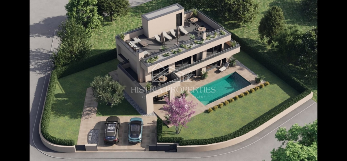 Moderna e confortevole villa con terrazza sul tetto, attrezzature di qualità e una vista unica