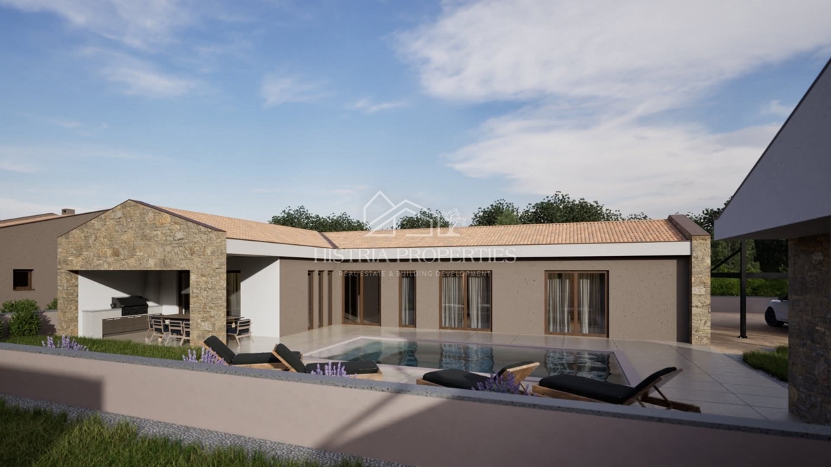 Una casa a un piano dal design moderno con piscina e servizi ausiliari