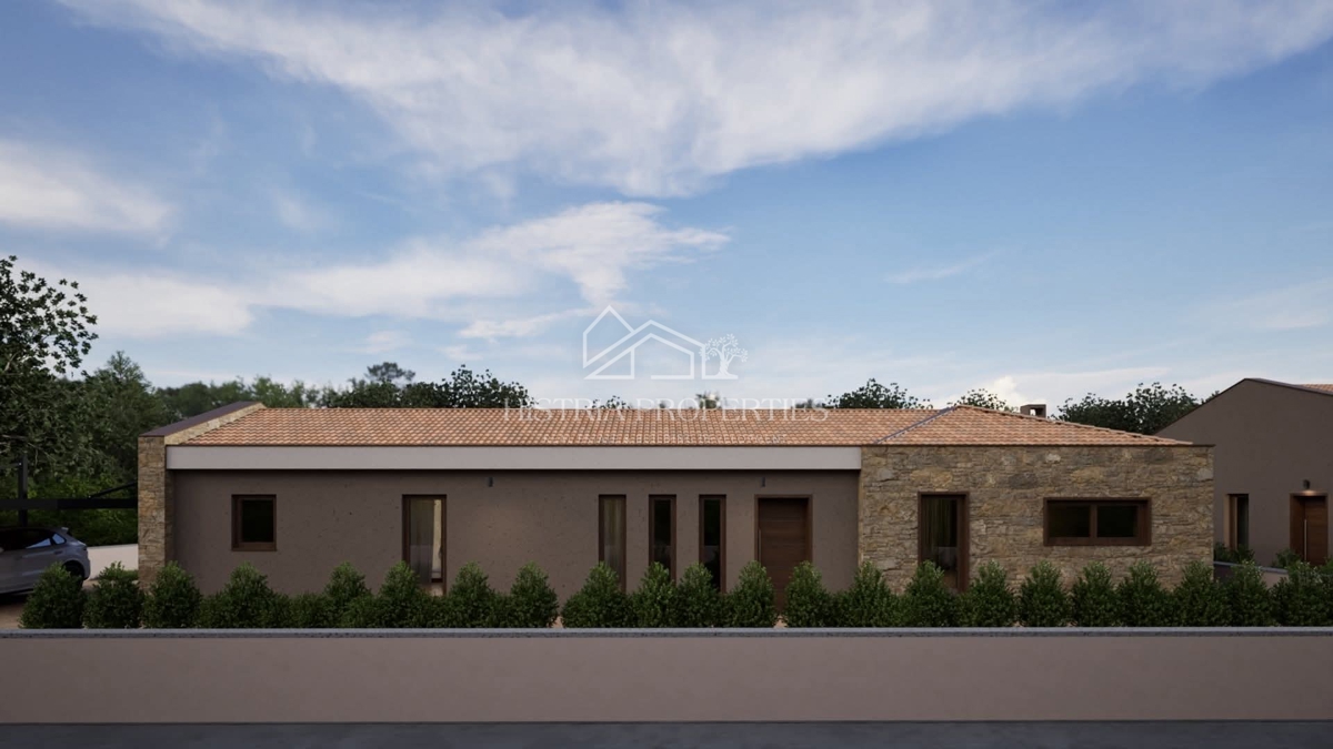 Una casa a un piano dal design moderno con piscina e servizi ausiliari