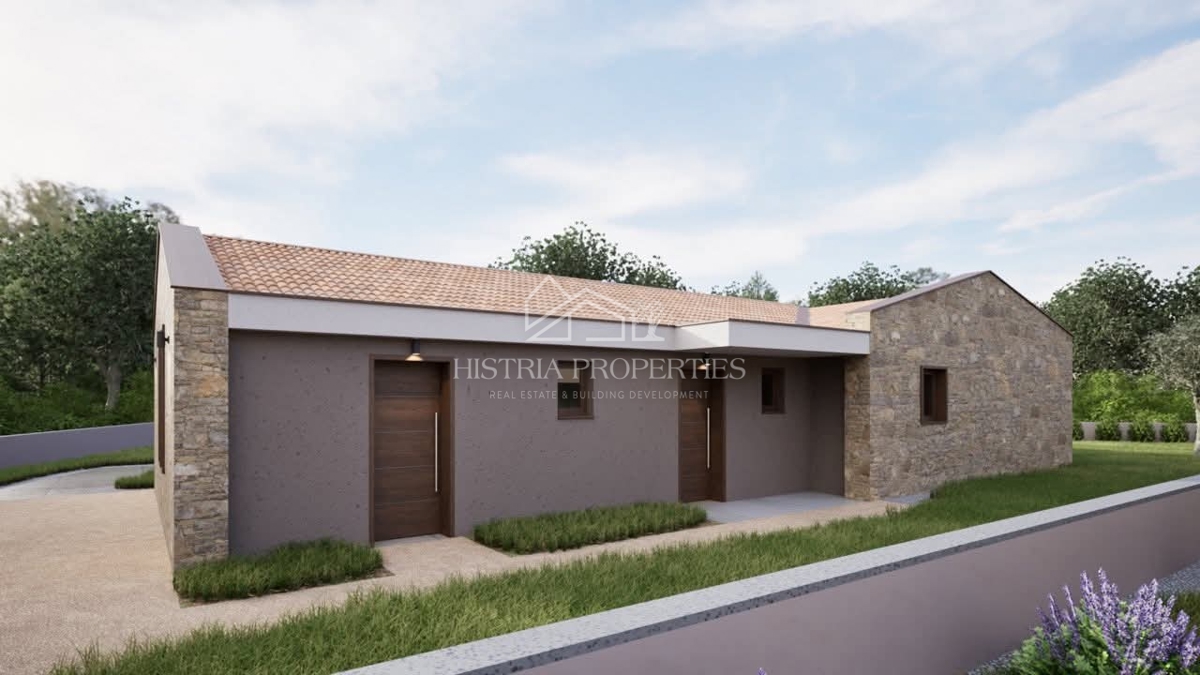 Casa a un piano con piscina, design bello e contemporaneo, con vista sulla natura