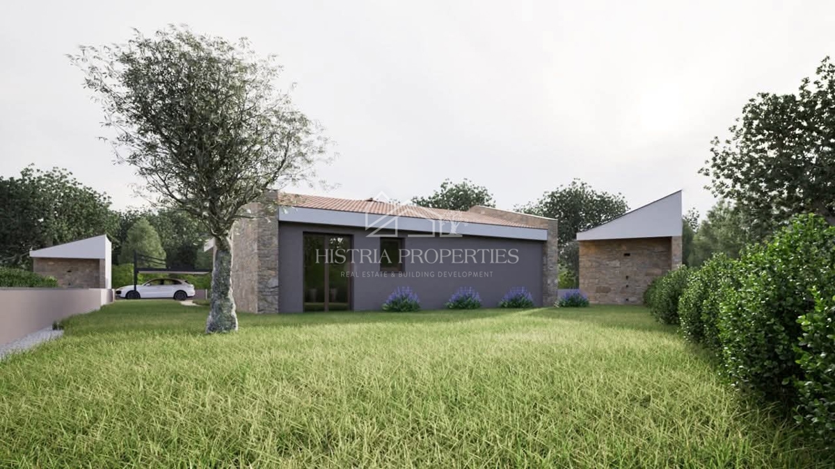 Casa a un piano con piscina, design bello e contemporaneo, con vista sulla natura