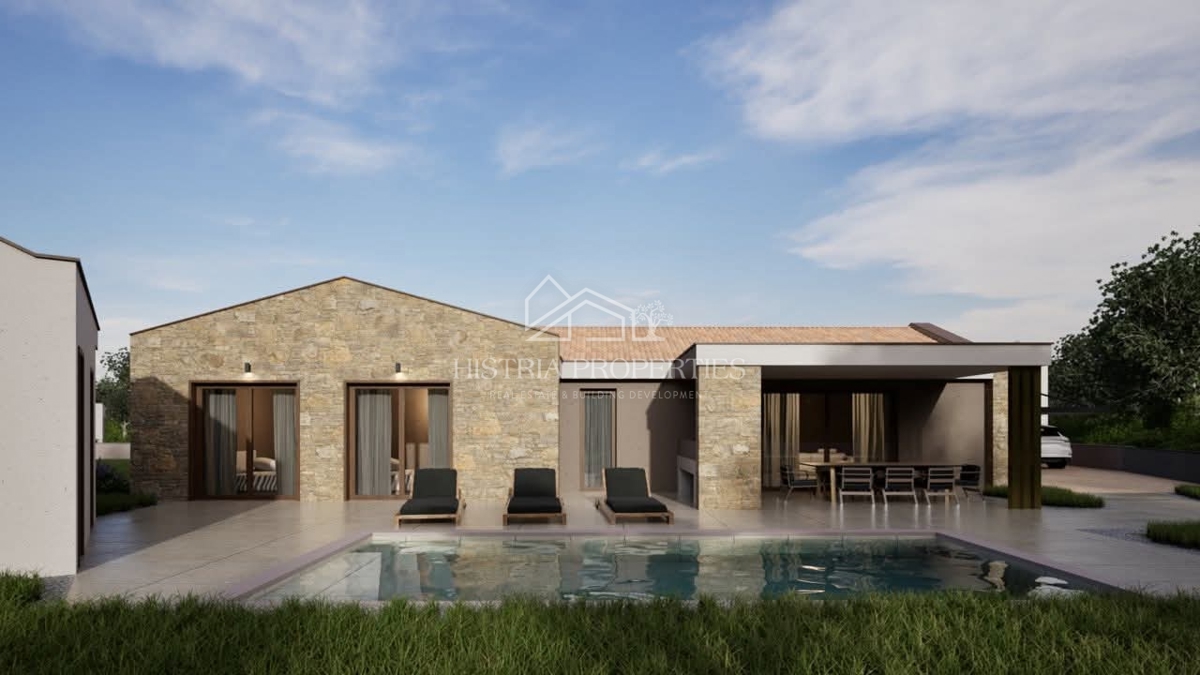 Casa a un piano con piscina, design bello e contemporaneo, con vista sulla natura