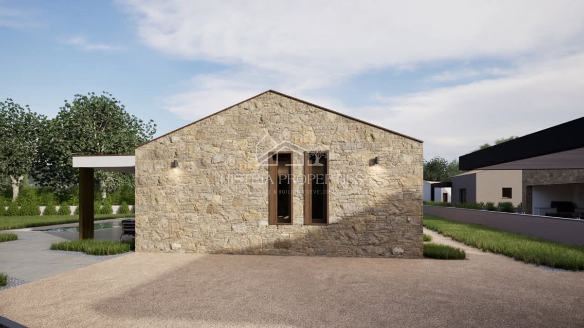 Casa a un piano con piscina, design bello e contemporaneo, con vista sulla natura