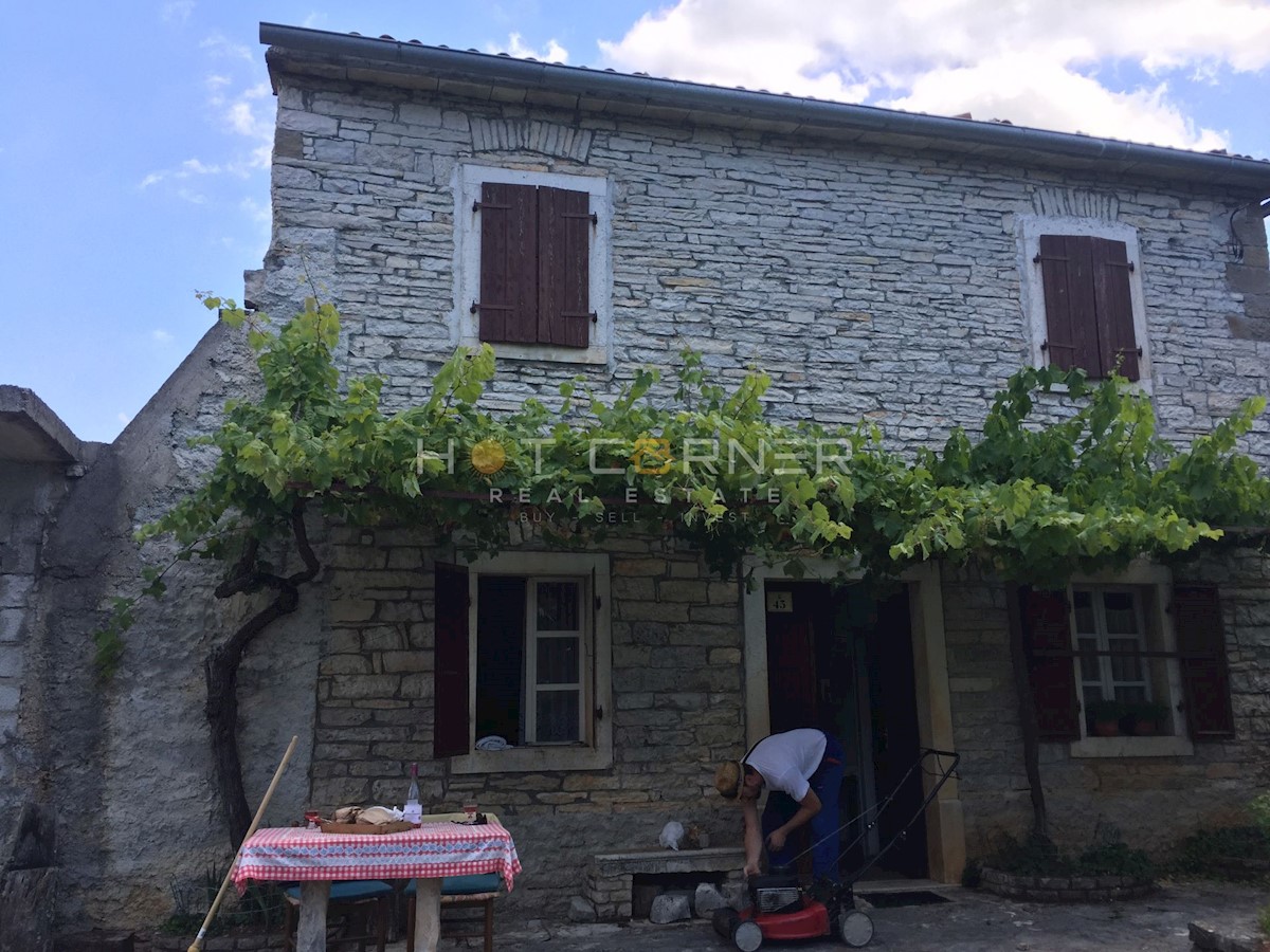 Oprtalj, terreno edificabile di 2400 m2 + agricolo di 10 ettari, casa istriana 