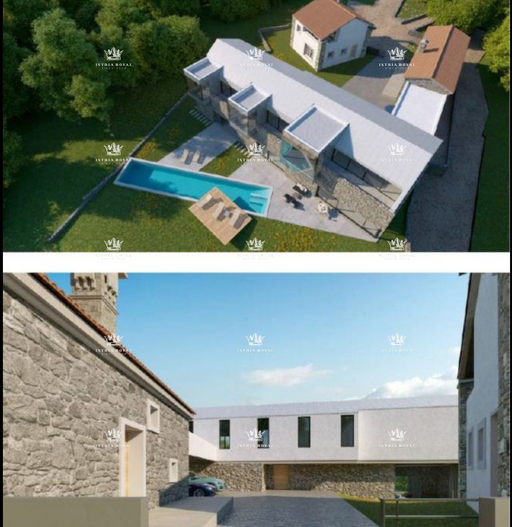 Istra, Pazin, vendita di terreno edificabile, progetto per una casa con piscina, parzialmente costruita.