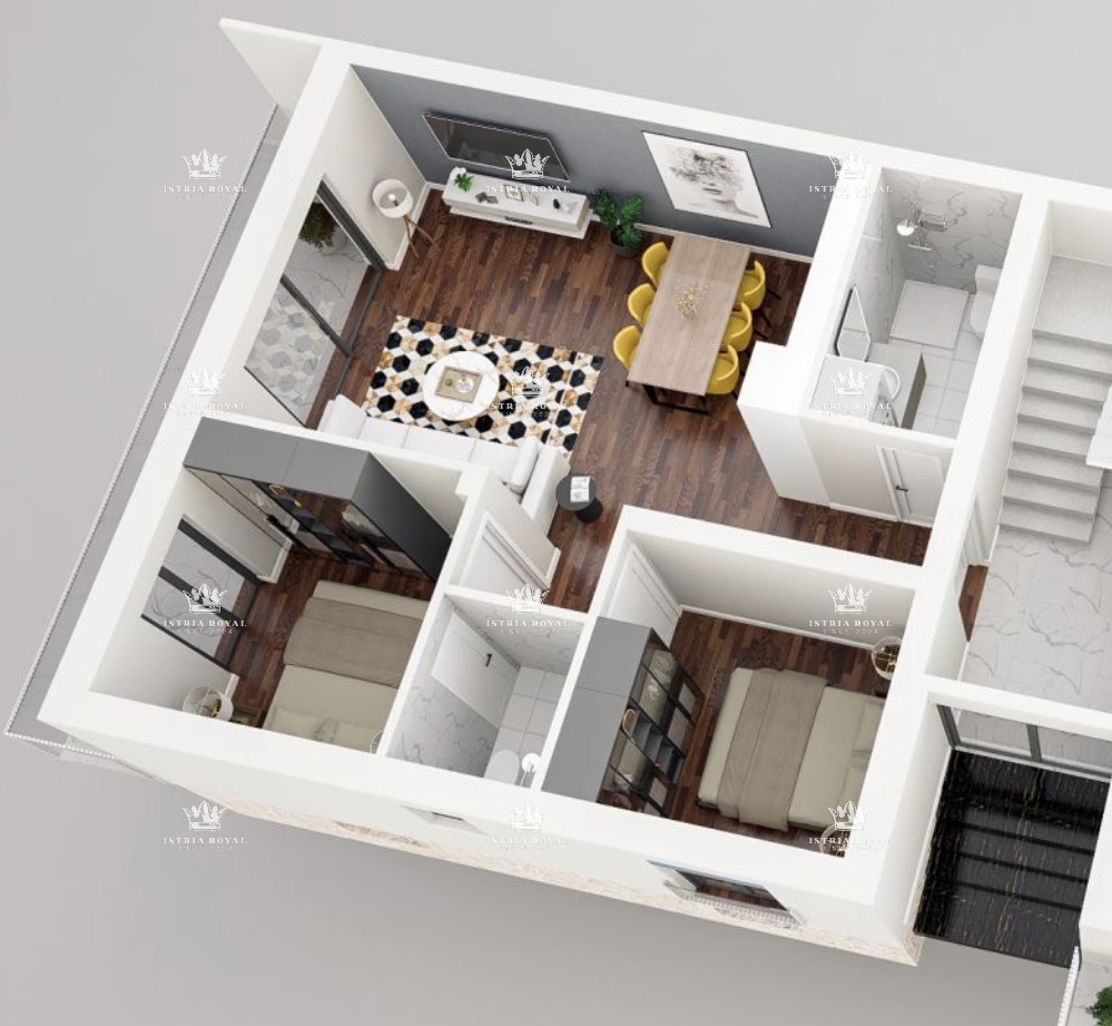 Umag, appartamento 72m2, 2 camere da letto + soggiorno con angolo cottura, parcheggio, vista mare, nuova costruzione