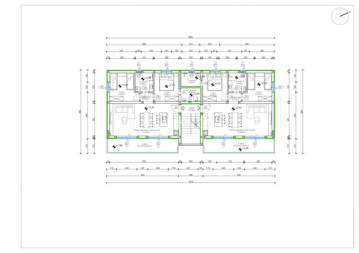 Appartamento con due camere da letto e due bagni, nuova costruzione.