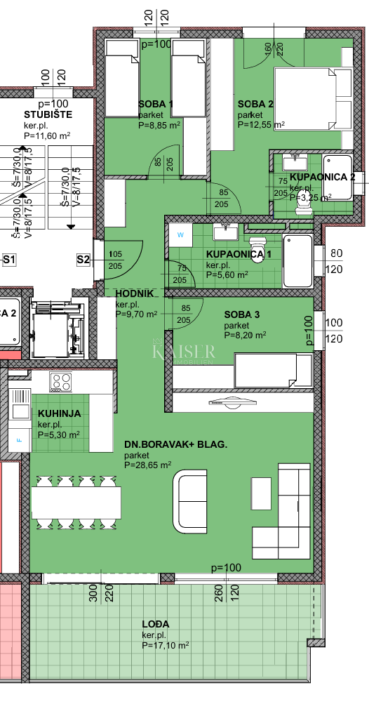 Makarska - Spazioso appartamento con tre camere da letto e grande loggia in un nuovo edificio a 800 metri dal mare