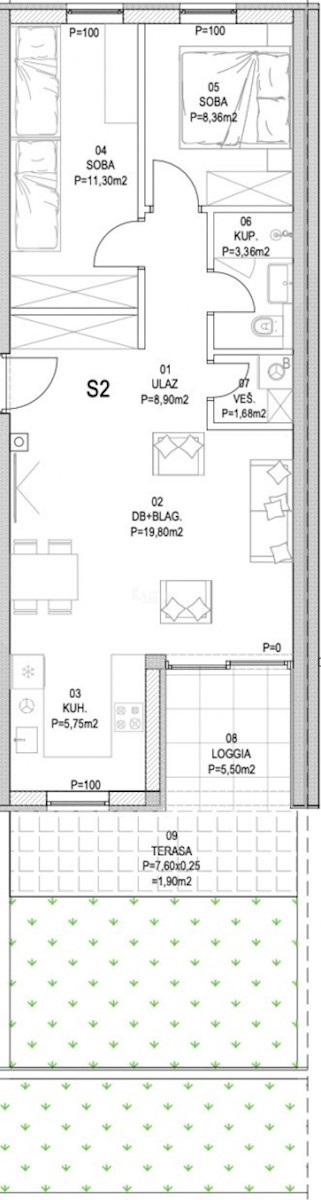 Barban - nuova costruzione 2 camere da letto con terrazzo, 67 m2