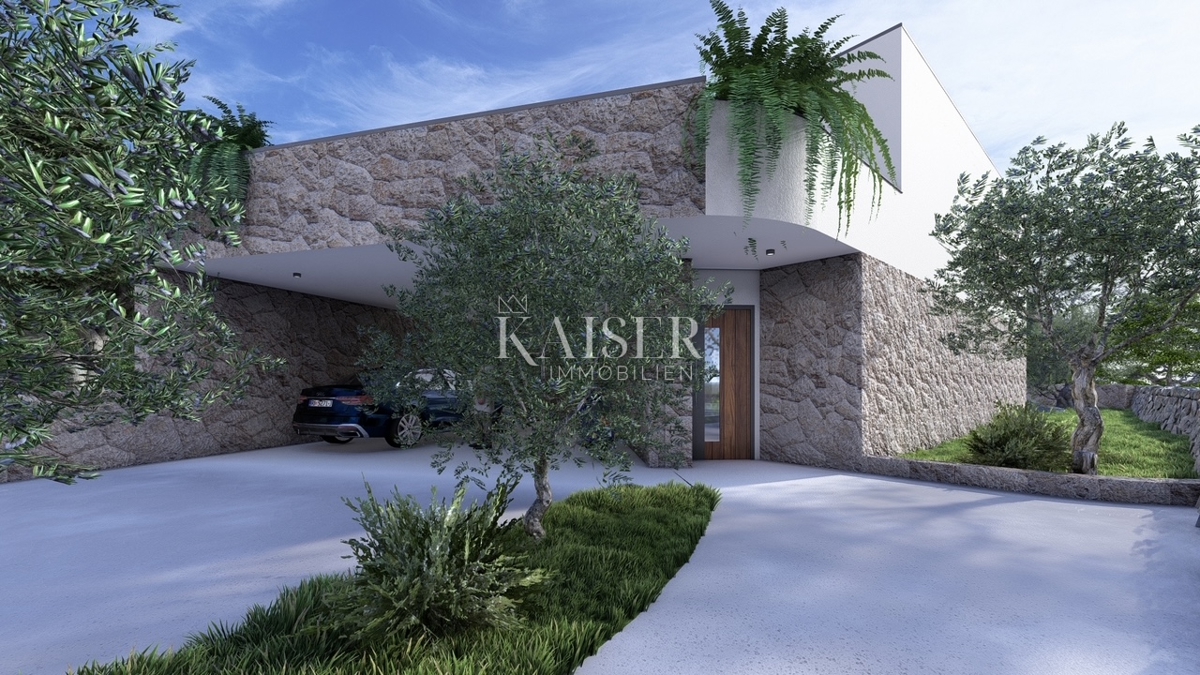 Isola di Krk, Žgaljići - terreno edificabile di 500 m2 con progetto per una casa familiare