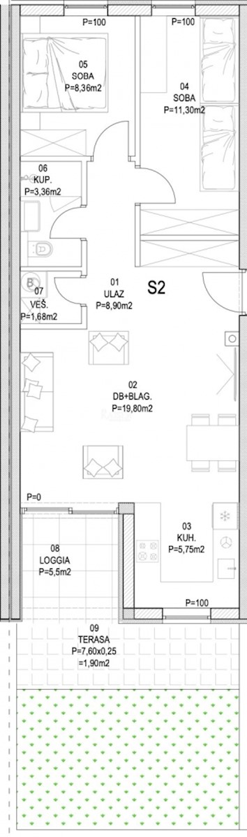 Barban - nuova costruzione, 2 camere da letto con terrazzo, 67 m2