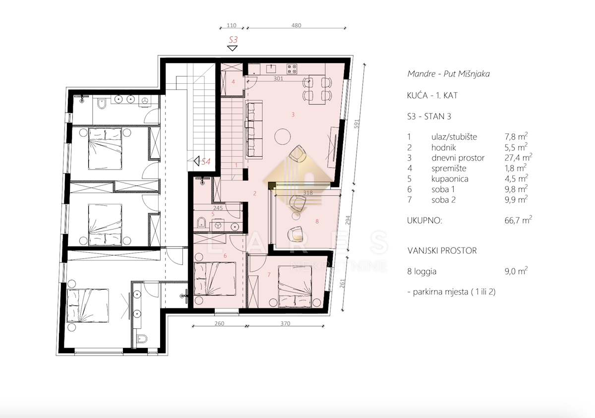 Appartamento Mandre, Kolan, 104,04m2