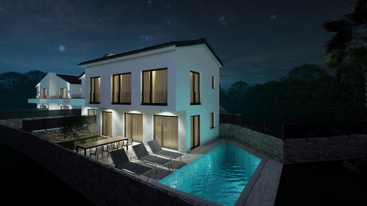 MALINSKA - Nuova costruzione! Casa bifamiliare con piscina e vista mare