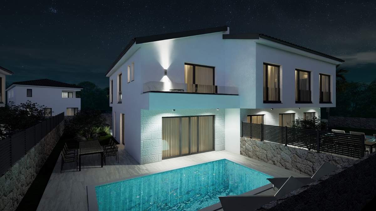 MALINSKA - Nuova costruzione! Casa bifamiliare con piscina e vista mare