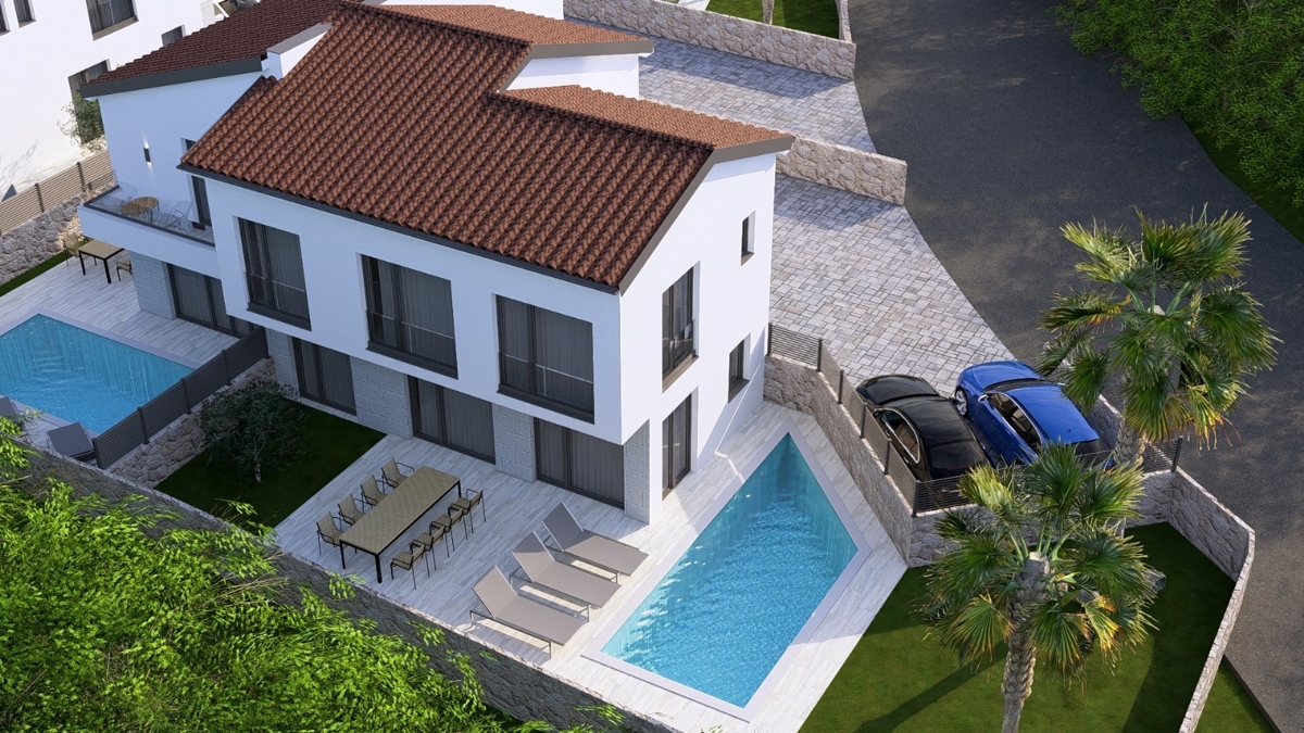 MALINSKA - Nuova costruzione! Casa bifamiliare con piscina e vista mare