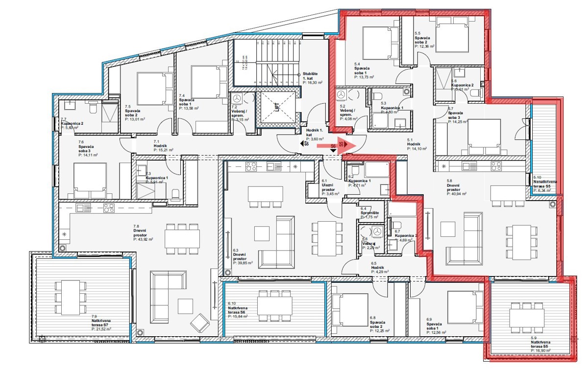 Vodice - Appartamento confortevole S5 con tre camere da letto, vista mare, primo piano