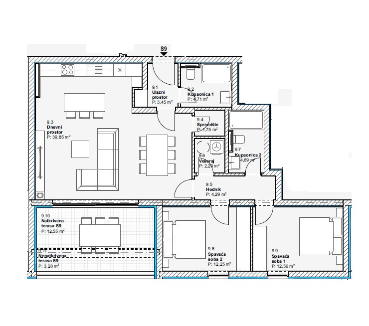 Vodice - Appartamento di lusso S9 con due camere da letto, ascensore, vista mare, secondo piano