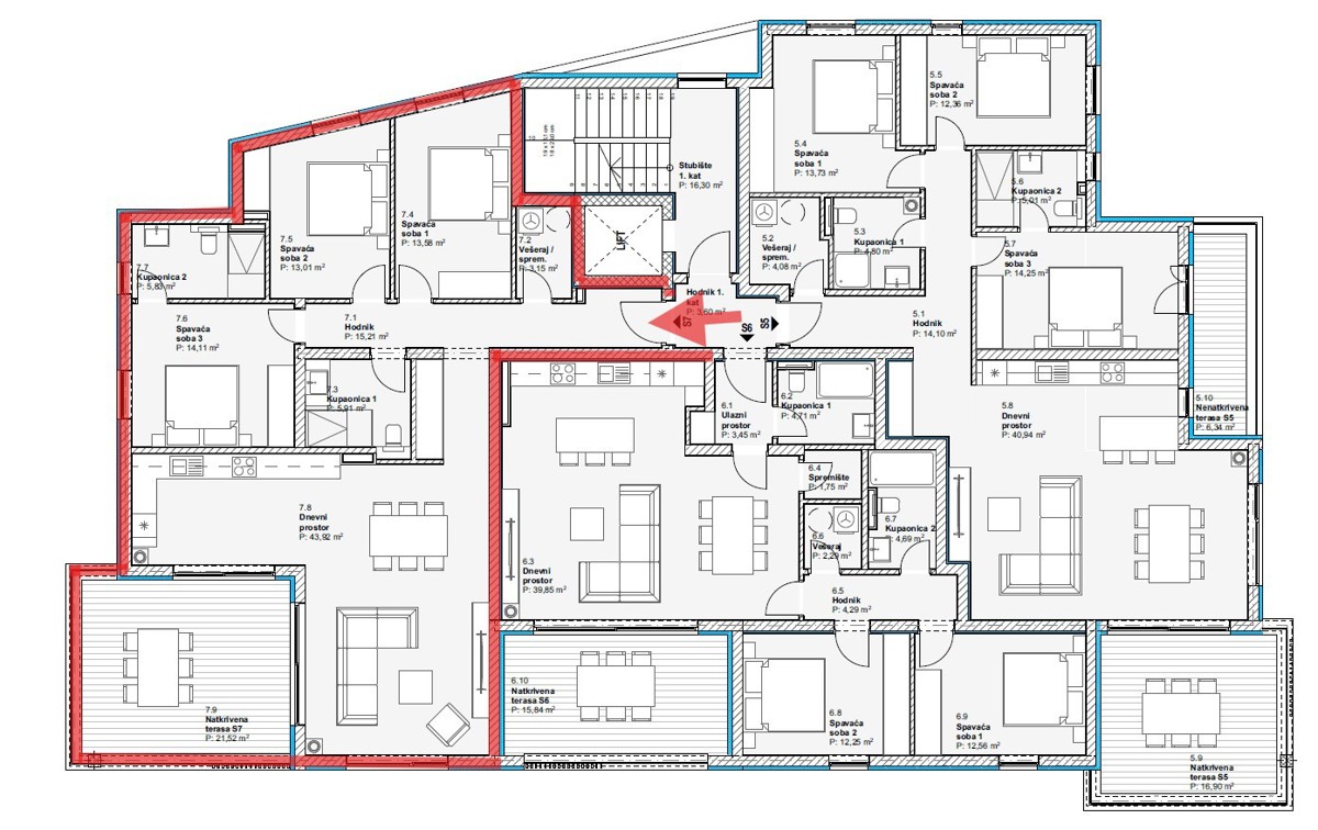 Vodice - Appartamento di lusso S7 con tre camere da letto, vista mare, primo piano