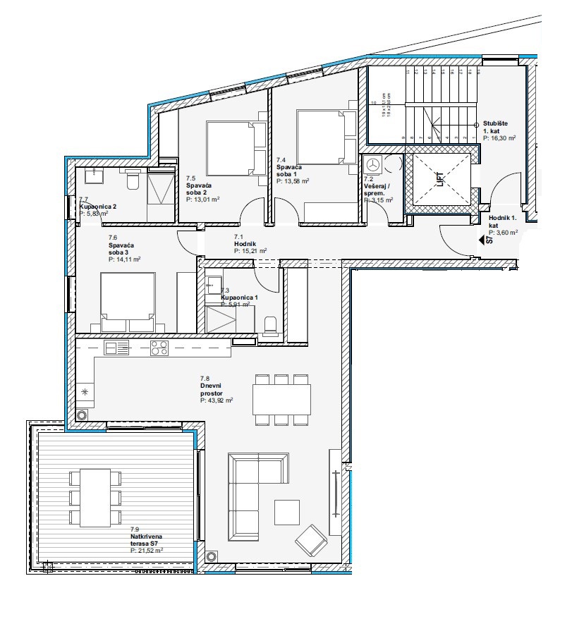 Vodice - Appartamento di lusso S7 con tre camere da letto, vista mare, primo piano