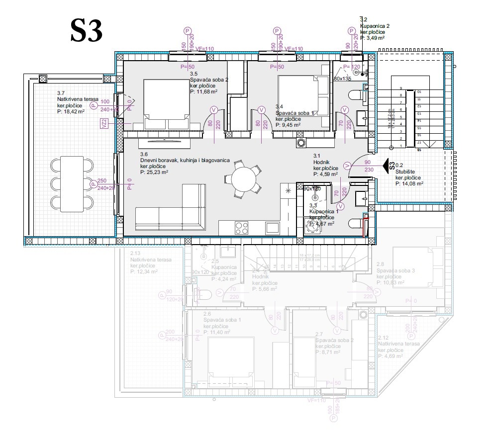 Vodice - Appartamento S3 al primo piano, con vista panoramica sul mare